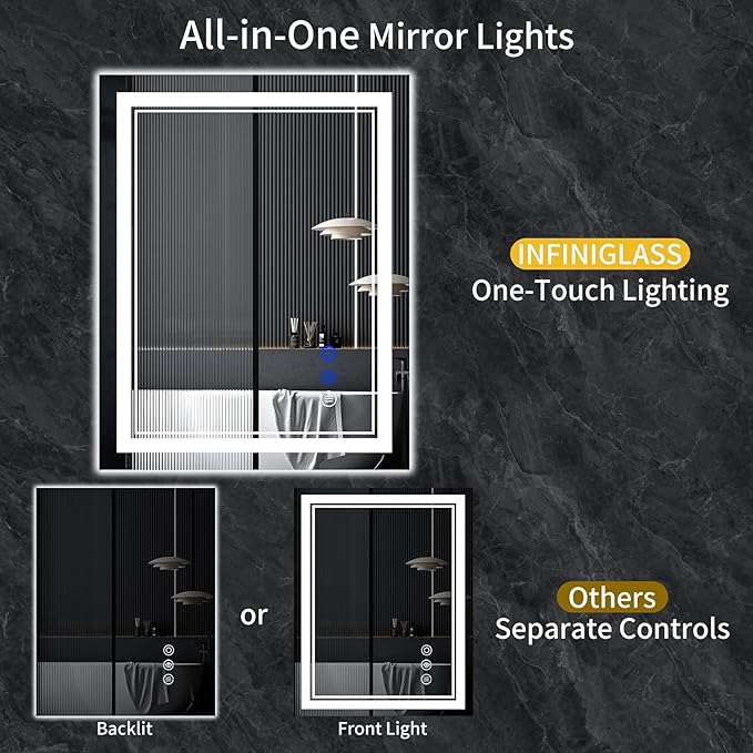 36"x28" LED Bathroom Mirror with Anti-Fog, Stepless Dimmable Lights, 3 Color Modes, Shatter-Proof Tempered Glass, Memory Function & Waterproof Design