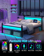 Queen Bed Frame with Headboard and Footboard, Metal Bed Frame with Charging Station and LED Lights, Under Bed Storage, No Box Spring Needed,Noise Free, Black