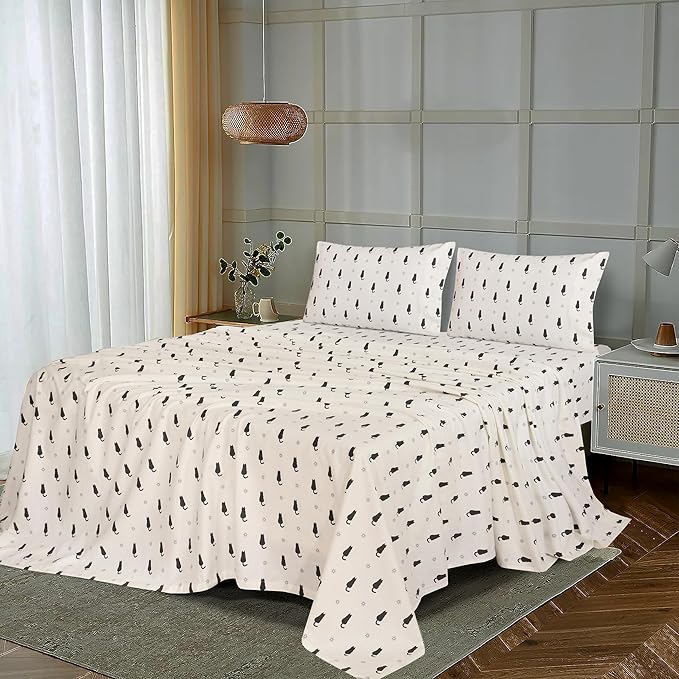 RUVANTI Flannel Sheets Queen Size - 100% Cotton Double Brushed Bed Sheets, Deep Pockets 16 Inches Queen Sheet Set, All Seasons Breathable & Extra Soft - Warm & Cozy, 4 Piece, Black Cat