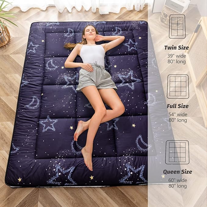 MAXYOYO Black Moon and Star Futon Mattress, Japanese Floor Mattress Quilted Bed Mattress Topper, Extra Thick Folding Sleeping Pad Breathable Floor Lounger Guest Bed for Camping, King