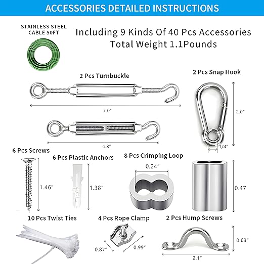 Globe String Light Suspension Kit, Outdoor Light Guide Wire, Vinyl Coated Stainless Steel Steel Cable，Include 50ft Transparent PVC and 304 Stainless Steel Wire Cable, Turnbuckle and Hooks