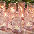 24 Pack Clear Glass Votive Candle Holders, Vintage Candle Holder for Floating Candle, Tealight Candle Holder for Table Centerpieces Home Bridal Shower Birthday Christmas Table Decoration (Pink)