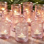24 Pack Clear Glass Votive Candle Holders, Vintage Candle Holder for Floating Candle, Tealight Candle Holder for Table Centerpieces Home Bridal Shower Birthday Christmas Table Decoration (Pink)