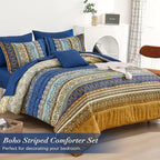 Cottolester Boho King Comforter Set 8 Pieces,Brown Blue Bohemian Comforter Paisley Striped Bed in A Bag,Soft Microfiber Bedding Set for All Season