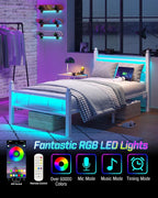 Twin Bed Frame with Headboard and Footboard, Metal Bed Frame with Charging Station and LED Lights, Under Bed Storage, No Box Spring Needed,Noise Free,White