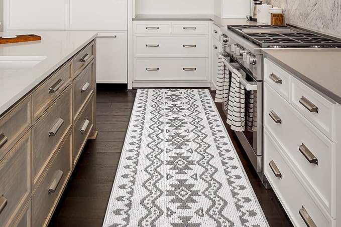Custom Size Southwestern Style Runner Rug Mat for Wide Hallway Entryway Kitchen Laundry Room with Slip Resistant Latex Rubber Backing, Aztec Light Grey, 31 inch X 20 feet