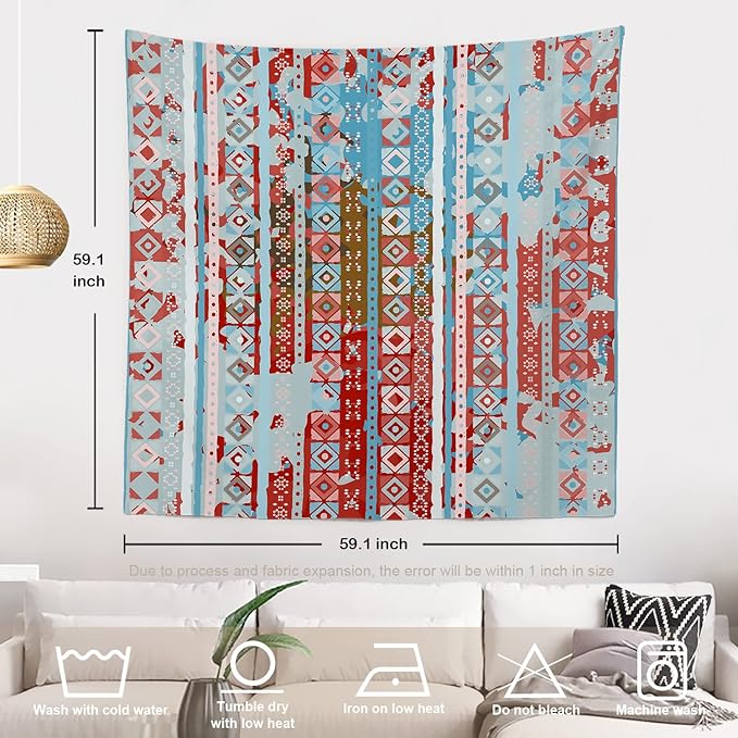 Batmerry Blue Grey Boho Garbage Tapestry, Red Wall Art Hanging Decoration Polyester Fiber White Ruffled Around for Dorm Room Bedroom Living Room, 59.1x59.1 inches