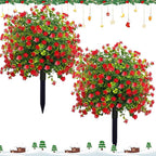 Set of 2 Artificial Topiary Boxwood Rose Ball Christmas Trees with Ground Spike,23" UV Resistant Outdoor Xmas Decor Faux Greenery Shrubs with Flowers, Fake Plants Bush for Garden, Yard, Porch