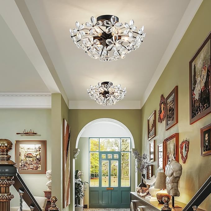 WUZUPS Crystal Chandelier Flushmount Ceiling Light Modern Lighting Fixture for Bedroom Hallway Bar Kitchen Bathroom, H 8.9" x W 17.7", Black, E12 Base