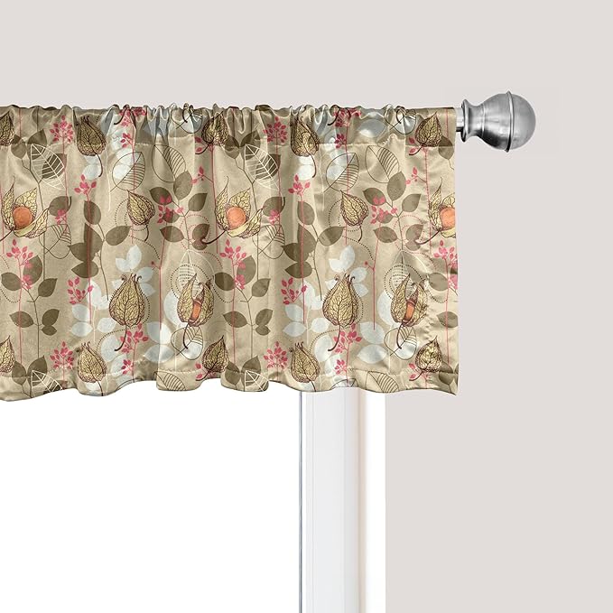 Ambesonne Autumn Window Valance Pack of 2, Seasonal Fruits and Leafs Vintage Botanical Print Soft Brown Toned Backdrop, Rod Pocket Curtain Valances for Kitchen Bedroom, 54" X 12", Sepia Multicolor
