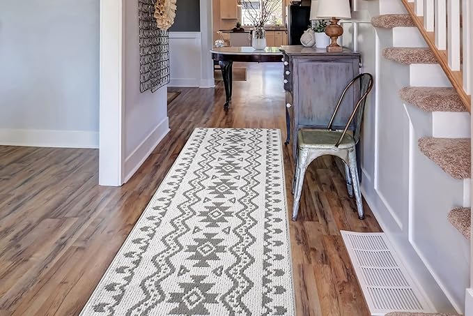 Custom Size Southwestern Style Runner Rug Mat for Wide Hallway Entryway Kitchen Laundry Room with Slip Resistant Latex Rubber Backing, Aztec Light Grey, 31 inch X 8 feet