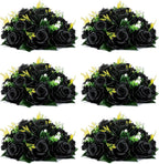 NUPTIO Black Artificial Roses Flowers: 6 Pcs Fake Flower Bouquet Halloween Decorations - 15 Heads Artificial Rose Centerpieces with Base for Gothic Wedding Party Table Decor
