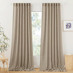 RYB HOME Long Linen Curtains 96 inches Long for Living Room, Light Airy Breathable Window Decor Linen Burlap 2 Panels Set for Laundry Room Home Office, W 70 x L 84 inches, Khaki, 2 Panels