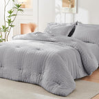 HYMOKEGE Light Grey Full Size Comforter Sets Seersucker 7 Pieces, All Season Luxury Bed in a Bag for Bedroom, Bedding Set with Comforters, Sheets, Pillowcases & Shams