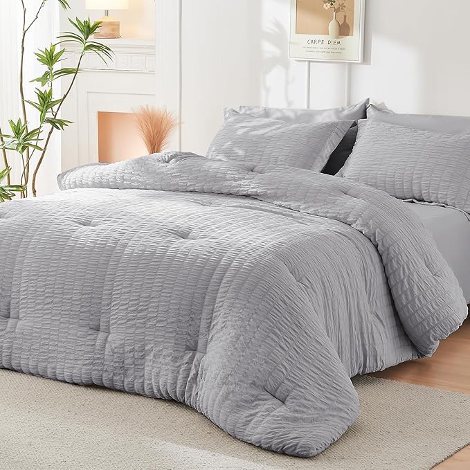 HYMOKEGE Light Grey Full Size Comforter Sets Seersucker 7 Pieces, All Season Luxury Bed in a Bag for Bedroom, Bedding Set with Comforters, Sheets, Pillowcases & Shams