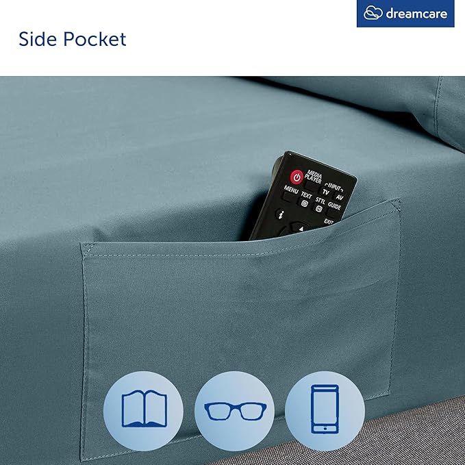 DREAMCARE Queen Sheet Set – 4 pcs Cooling Sheets – up to 21” Extra Deep Pocket Queen Sheets – Hotel Luxury – Superior Softness 100% Microfiber with Side Pocket - Mineral Blue