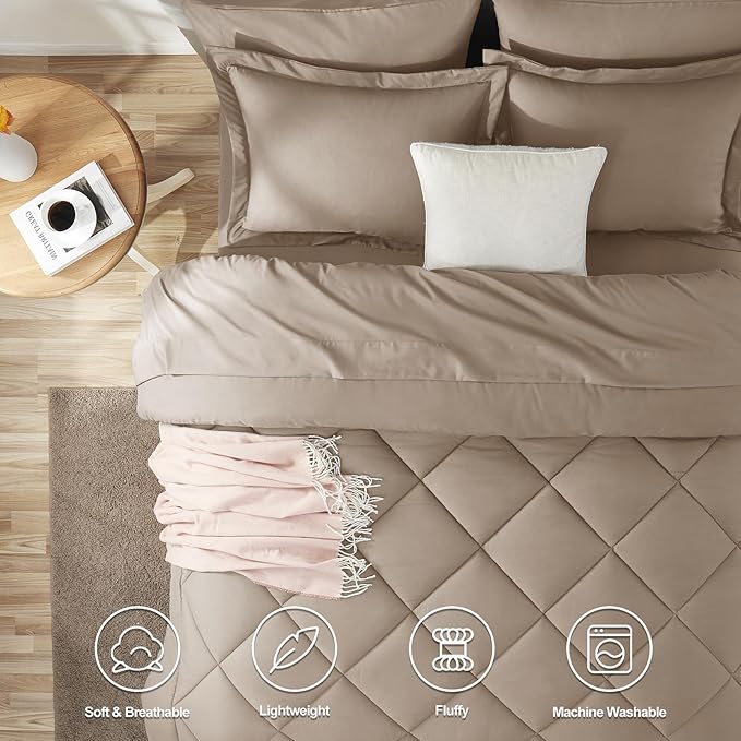 CozyLux Full Size Comforter Sets Khaki - 7 Pieces Bed in a Bag Full, Luxury Soft Bed Set for All Seasons, Bedding Set with Down Alternative Comforter, Sheets, Pillowcases & Shams