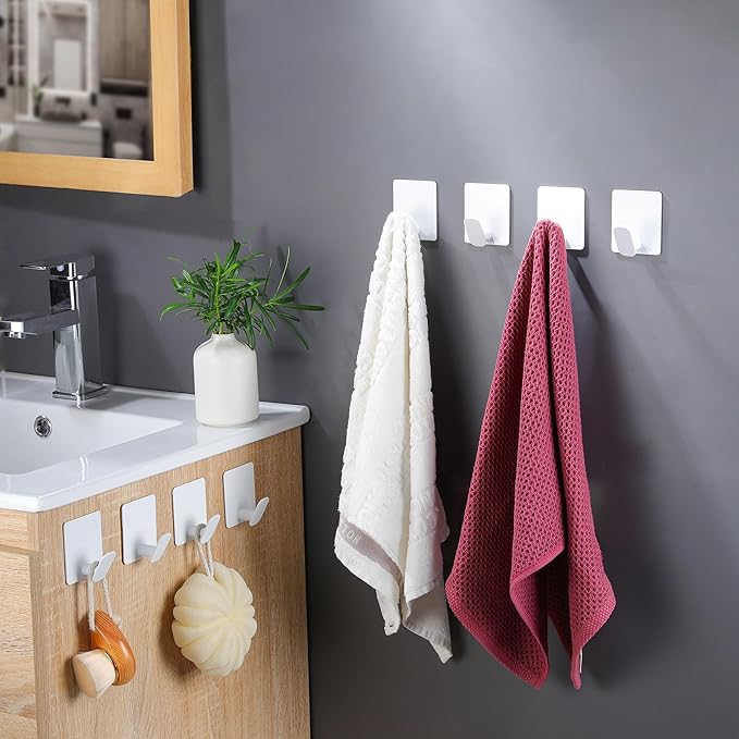 DELITON Adhesive Hooks for Hanging, 8 Pack White Wall/Towel Hooks for Bedroom Kitchen No Drill, Heavy Duty Sticky Shower Hook for Robes Coats Waterproof Stainless Steel