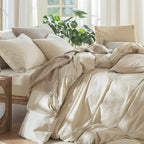 MooMee Bedding Duvet Cover Set 100% Washed Cotton Linen Like Textured Breathable Durable Soft Comfy (Heathered Almond Milk Grey, Palatial King/Oversized King 120"x98")