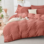 HYMOKEGE Coral Full Size Comforter Sets Seersucker 7 Pieces, All Season Luxury Bed in a Bag for Bedroom, Bedding Set with Comforter, Sheets, Pillowcases & Shams