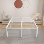 ROIL 14 Inch White Queen Bed Frame with Rounded Corner and Headboard Hole Mattress Retainers 3500LBS Heavy Duty Steel Slats No Box Spring Needed Platform Noise-Free Easy Assembly