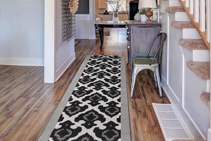 Custom Length Cut to Size Fleur de Lis Inspired Carpet Runner Rug for Hallways, Non Slip Rubber Backed, 31 inch Wide X Customized Length, Royal Grey, 31 inch X 9 feet