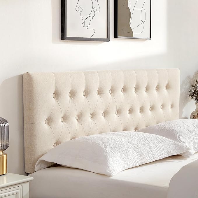 Tufted Upholstered Headboard King Size, Solid Wood Head Board with Durable Metal Legs, Adjustable Height Bed headboard from 37” to 51” Fabric Headboard in Modern Button Design, Beige