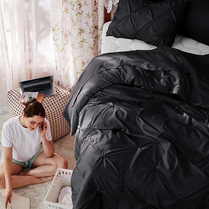 Bedsure Twin Comforter Set Black - Bed in a Bag Twin Size Bedding 5 Pieces, GentleSoft™ Pintuck Bed Set Gift for Family, Pinch Pleat Black Comforter with Sheets, Pillowcase & Sham