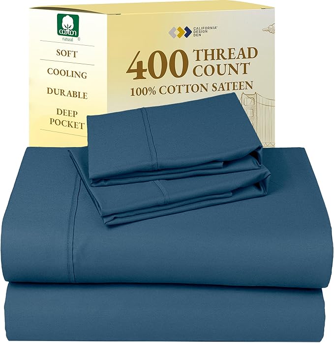 California Design Den Full Size Bed Sheets Set - Soft 400 Thread Count Sateen, Natural 100% Cotton Sheets with Deep Pockets, Breathable, Cooling and Durable Bedding Set - Peacock Blue