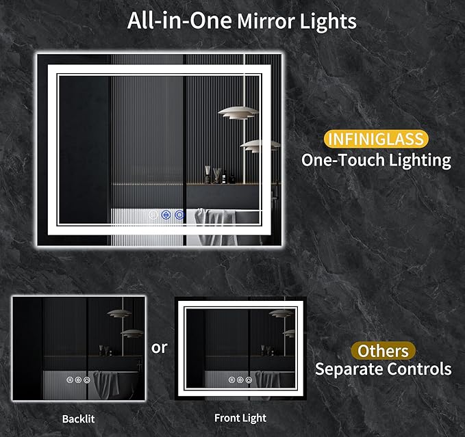 72"x32" LED Bathroom Mirror with Anti-Fog, Stepless Dimmable Lights, 3 Color Modes, Shatter-Proof Tempered Glass, Memory Function & Waterproof Design