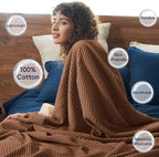 PHF Pre-Washed Cotton Waffle Weave Blanket Throw Size for Couch Bed,Snag Proof Spring Summer Lightweight Breathable,Oeko-TEX Certified,Machine Washable, Home Decor Gift，Cappuccino