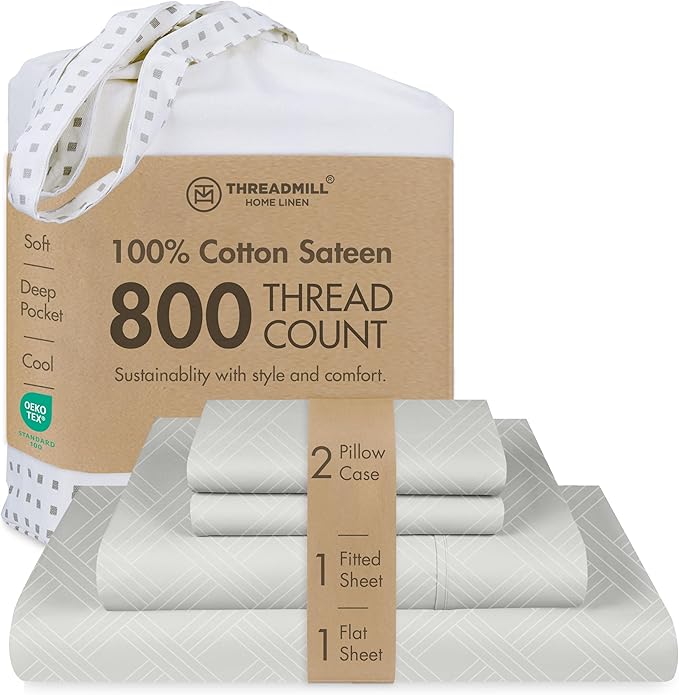 Celine 800 Thread Count Luxury Damask Sheets | California King Size | Light Grey | 4 Piece Striped Bed Sheets | Elasticized Deep Pocket