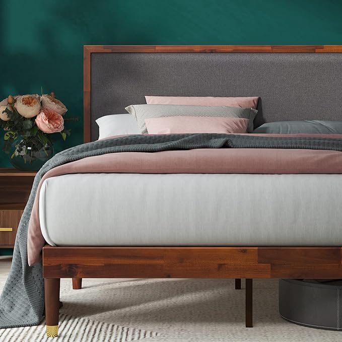 ZINUS Raymond Wood Platform Bed Frame with Adjustable Upholstered Headboard, Solid Wood Foundation, Wood Slat Support, No Box Spring Needed, Easy Assembly, King