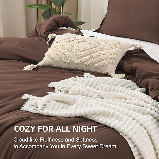 Litanika Brown Comforter Set Queen Size, 3 Pieces Lightweight Solid Bedding Comforter Set, All Season Fluffy Bed Set (90x90In Comforter & 2 Pillowcases)