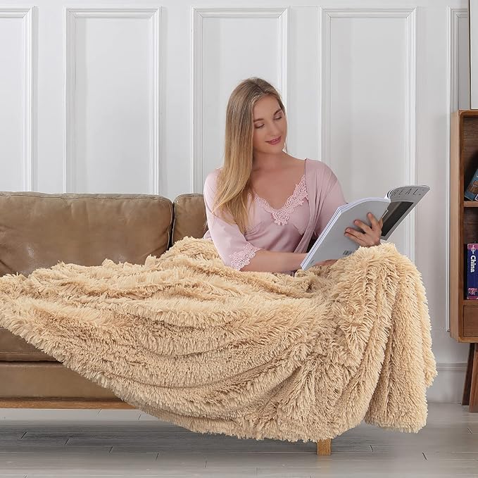 Tuddrom Decorative Extra Soft Faux Fur Blanket Twin Size 70" x 78",Solid Reversible Fuzzy Fluffy Cozy Plush Fleece Comfy Microfiber Blanket for Couch Sofa Bed,Apricot
