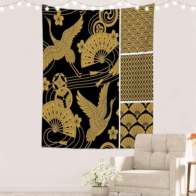 Batmerry Black Oriental Tapestry,Gold Japanese Fan Wall Art Hanging Decoration Polyester Fiber White Ruffled Around for Dorm Room Bedroom Living Room, 82.7x59.1 inches