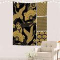 Batmerry Black Oriental Tapestry,Gold Japanese Fan Wall Art Hanging Decoration Polyester Fiber White Ruffled Around for Dorm Room Bedroom Living Room, 82.7x59.1 inches