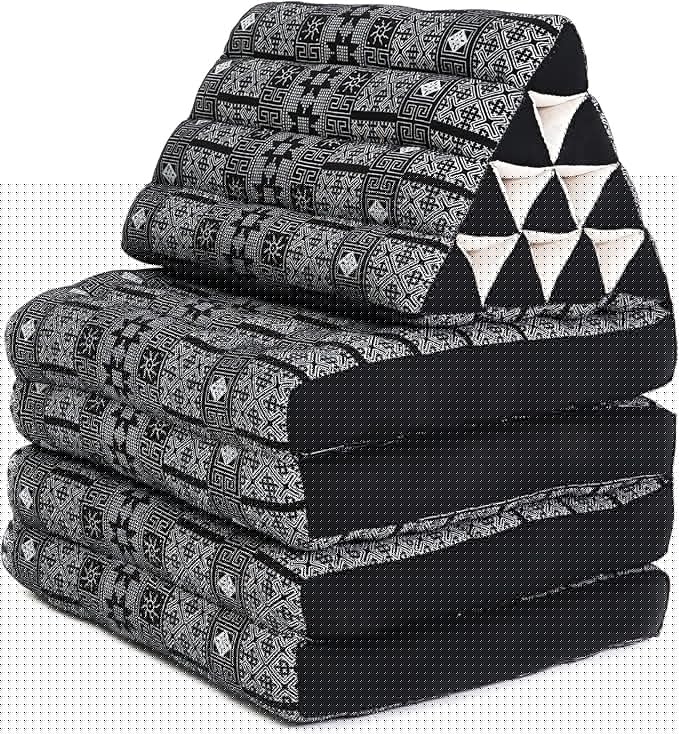Leewadee Comfortable Japanese Floor Mattress - Thai Floor Bed with Triangle Cushion - Futon Mattress - XL Extra Long Thai Massage Mat, 89 x 20 inches, Black, Kapok Filling