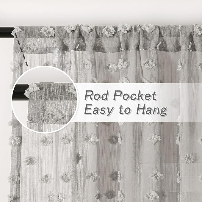 MYSKY HOME Grey Sheer Short Curtains with Pom Pom for Small Windows Bedroom Nursery Kids Girls Room Curtains Cafe Kitchen Light Filtering Boho Drapes, Rod Pocket,38 x 45 Inches, 2 Panels