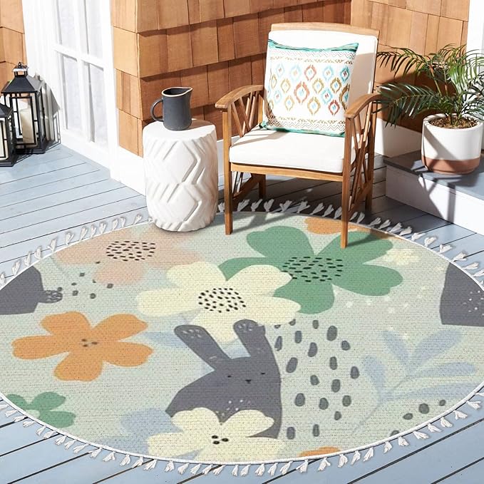 Round Rugs Floral Cute White Bunnies Hand Drawn Boho Area Rug Linen and Cotton Carpet Meditation Rug Washable Hallway Runner Mat Accent Rug for Bedroom Bathroom 3ft Multicolor