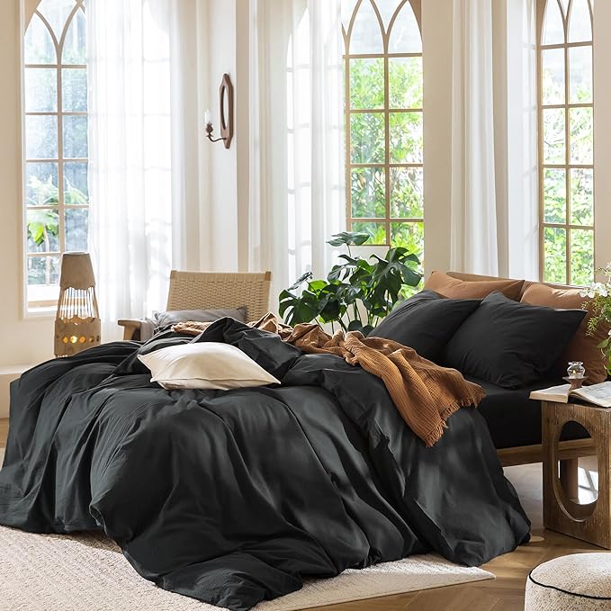 MooMee Bedding Duvet Cover Set 100% Washed Cotton Linen Like Textured Breathable Durable Soft Comfy (Solid Black, Twin 68"x90")