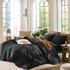 MooMee Bedding Duvet Cover Set 100% Washed Cotton Linen Like Textured Breathable Durable Soft Comfy (Solid Black, Full 80"x90")