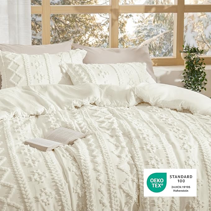 Bedsure Tufted Boho Comforter Set California King Size - Ivory Boho Bed Set, GentleSoft™ 3 Pieces Farmhouse Shabby Chic Embroidery Bedding, Gifts for Woman, Soft Jacquard Comforter for All Seasons