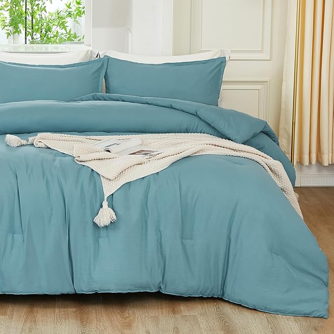 Litanika Grayish Teal Comforter Set California King Size, 3 Pieces Cal King Lightweight Solid Bedding Comforter Set, All Season Fluffy Bed Set (104x96In Comforter & 2 Pillowcases)
