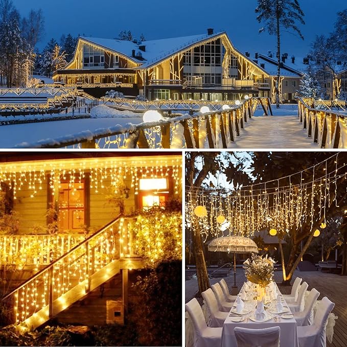 Brightown Icicle Lights Outdoor, 2 Packs Total 132Ft with 276 Drops, 1472 LED Icicle Christmas Lights with Timer, Warm White