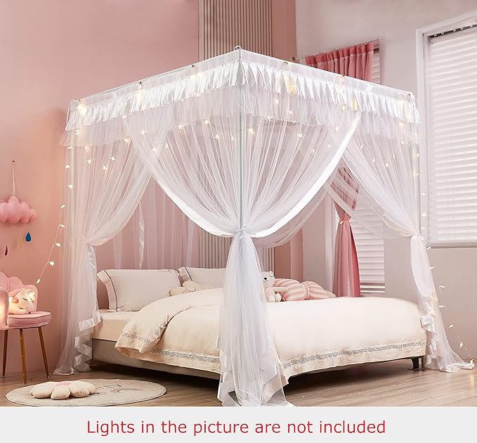 Mengersi Princess 4 Corners Post Bed Curtain Canopy Mosquito Net Princess Canopies (White, Full)