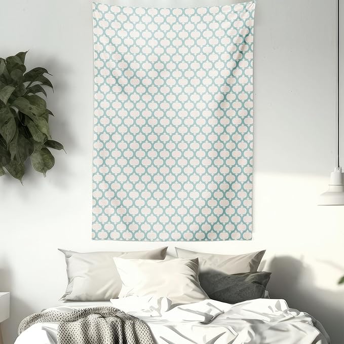 Ambesonne Ikat Tapestry, Mesh Patterns and Lines on Vintage Backdrop Retro Ikat Style Boho Print, Wall Hanging for Bedroom Living Room Dorm Decor, 40" X 60", Turquoise Cream