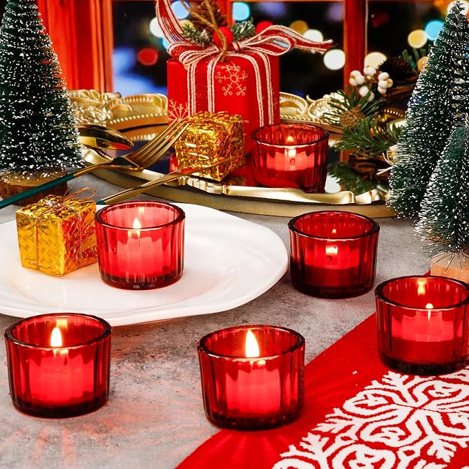 Mumufy 100 Pack Glass Tealight Candle Holder Ribbed Votive Candle Holder for Centerpiece Wedding Proposal Spa Aromatherapy Meditation Home Decor (Red)