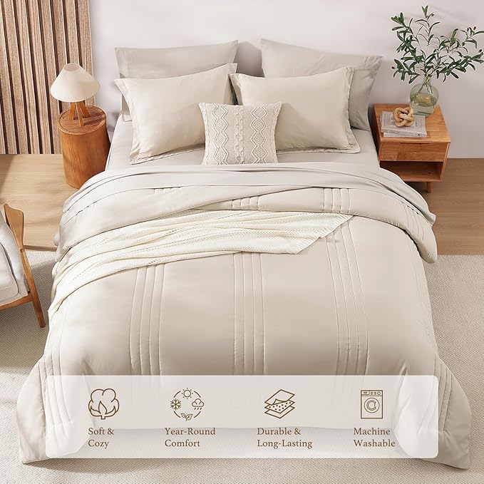 Monbix Queen Comforter Set - 7 Pieces Beige Bed in a Bag Queen Bedding Sets with Comforters, All Seasons Comforter Bed Set with Sheets,Pillowcases & Shams