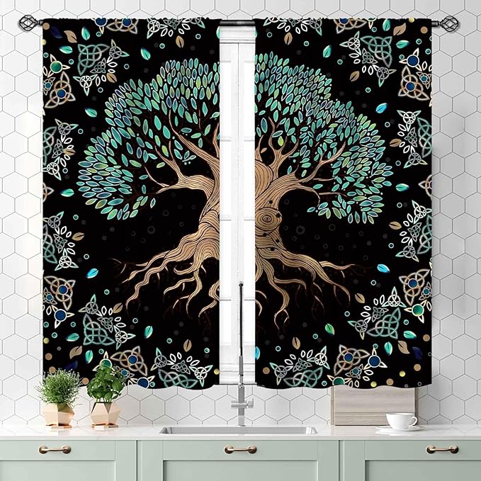 Tree of Life Curtains, Hippie Green Leaves Tree Life Vikings Celtic Nordic Aesthetic Mythology Window Drapery Treatments for Bedroom Living Room Bathroom 2 Panels, 55x39 Inch